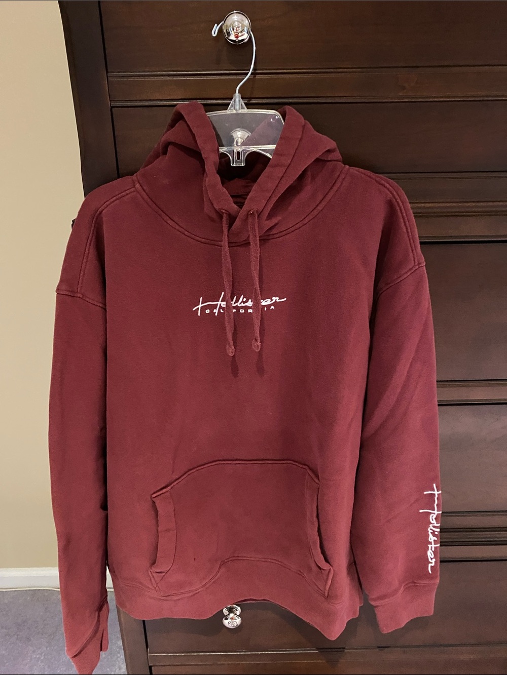 Hollister Maroon Hooded Pullover Sweatshirt with Script Logo